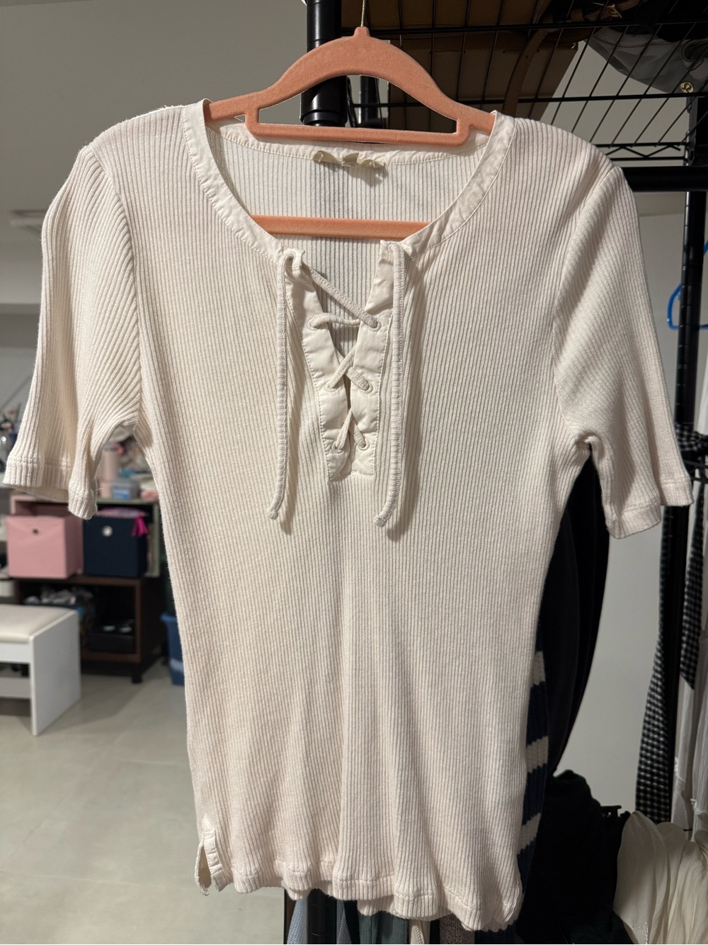 Madewell Cream Ribbed Lace-Up Short Sleeve Tee